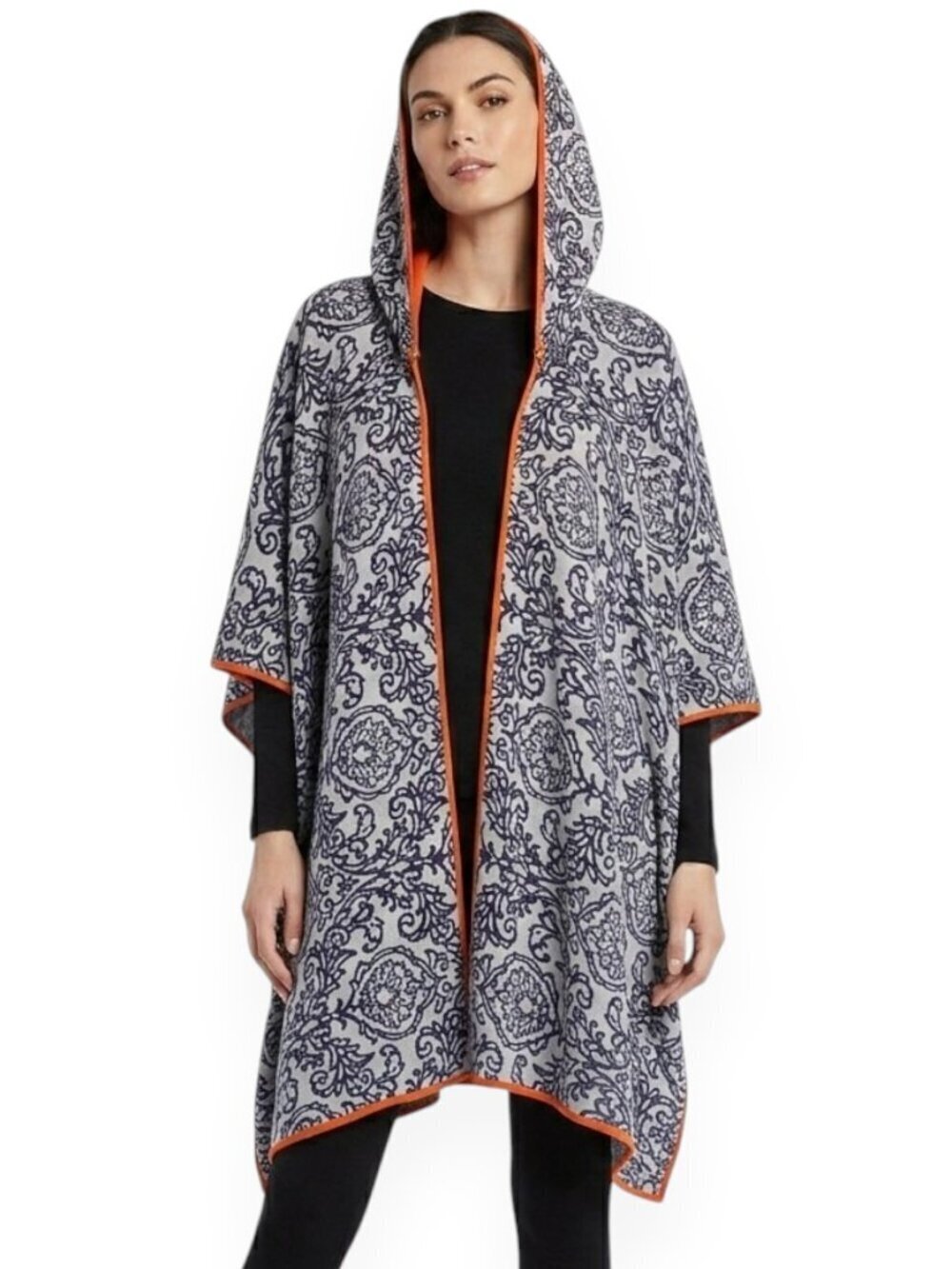 Knitwit 100% Cashmere Poncho Hoodie Indigo Damask Pattern with Removable Hood OS